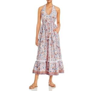 Poupette St Barth Carine Maxi Dress S Floral Halter Tiered Pockets Cottagecore